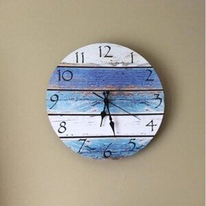 New Rustic Beach Wall Clock 12" Round, Silent Non Ticking Quartz Battery Operate